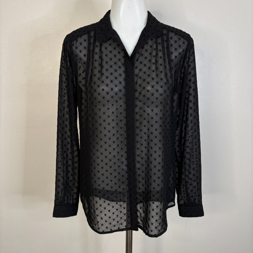 Banana‎ Republic Top XS Black Clip Dot Sheer Button-Up Blouse Women's